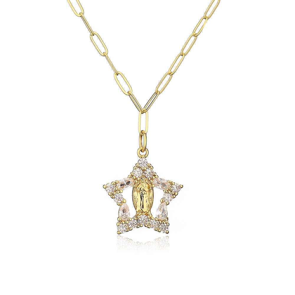 Minimalist Geometric Heart and Star Pendant Necklace for Women in Copper with Real Gold Plating and Zircon Inlay