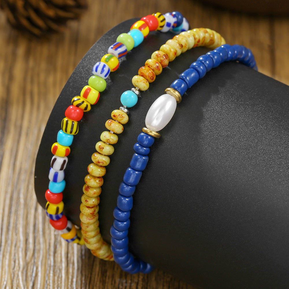 Bohemian Geometric Round Glass Beaded Handmade Bracelet with Pearl Color Block Design for Unisex