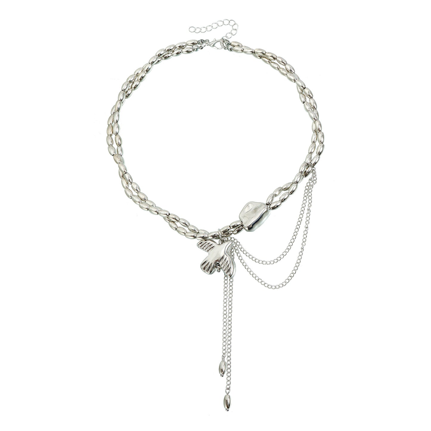 Sweet Streetwear Geometric Alloy Plated Pendant Necklace with Tassel Double Layer Beaded Design for Women