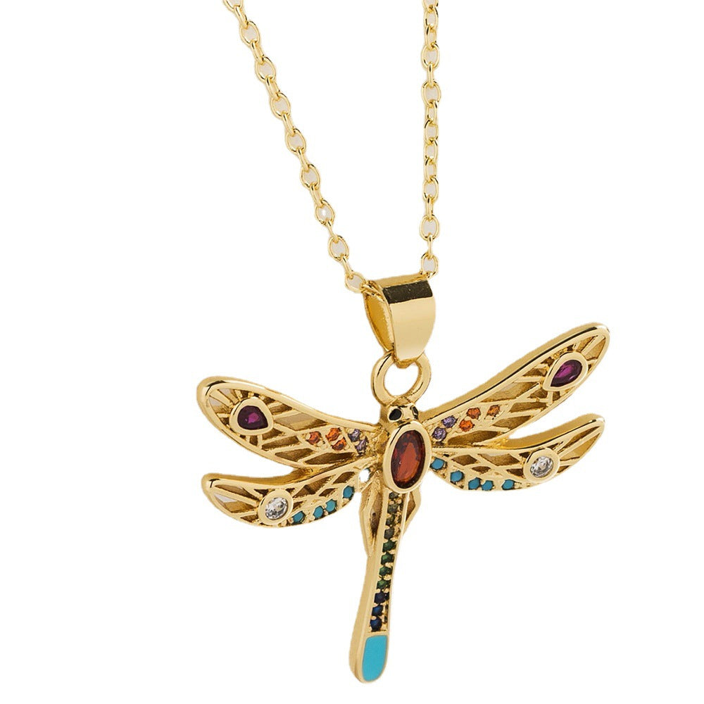Elegant French-Style Dragonfly Pendant Necklace for Women in Copper with Real Gold Plating and Zircon Inlay