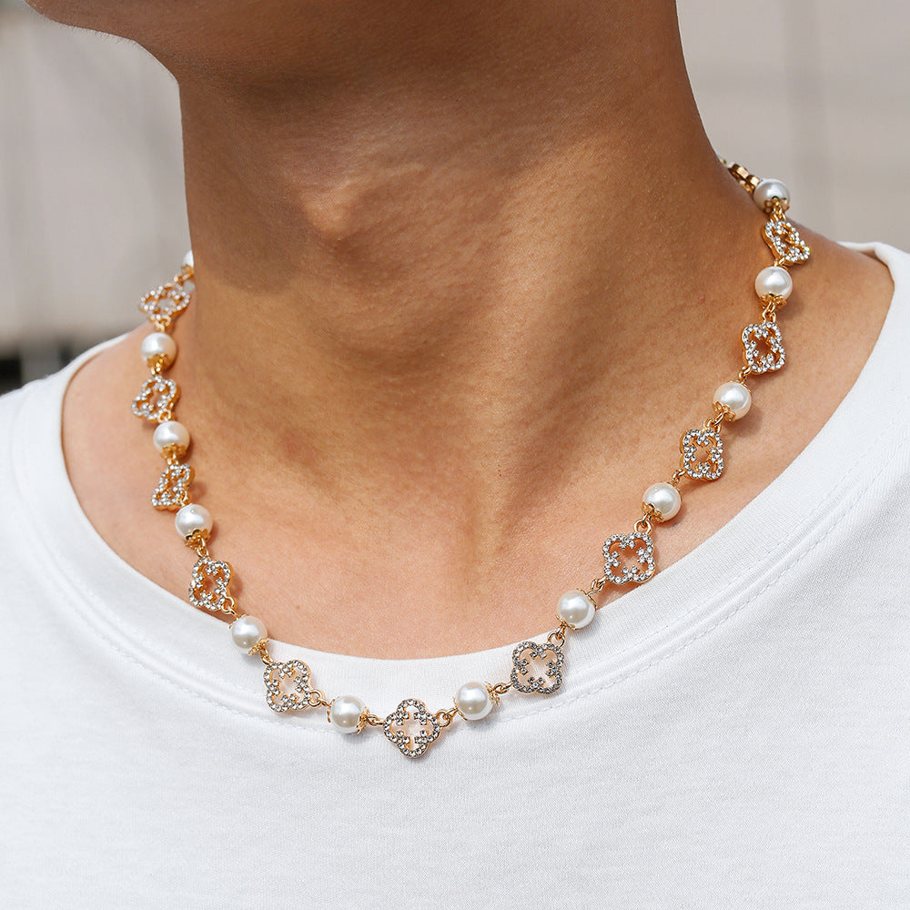Geometric Hollow Flower Four-Leaf Clover Necklace with Rhinestone and Imitation Pearl for Women