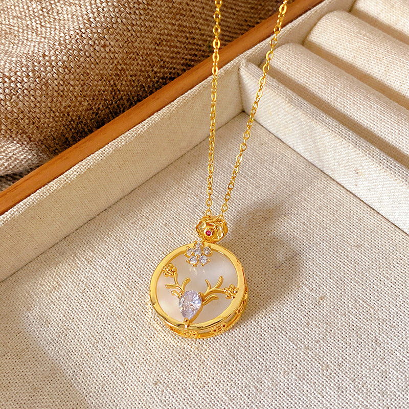 Sweet Minimalist Brass Gourd Pendant with Cubic Zirconia Inlay on Titanium Steel Cable Chain Necklace for Women