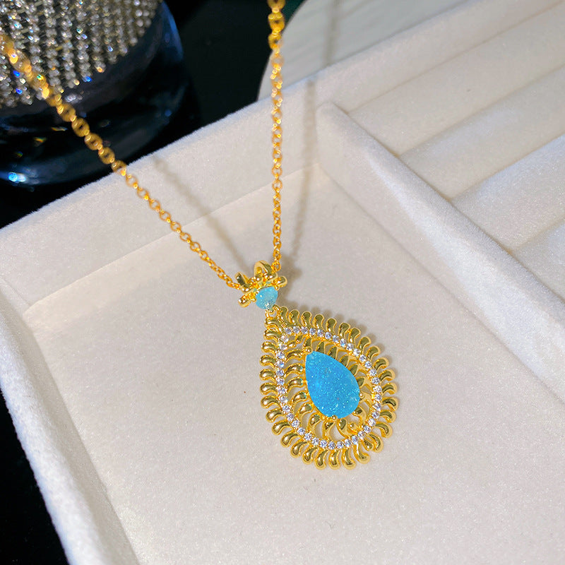 Vintage Sweet Heart Turquoise Inlay Plated Titanium Steel Necklace Cable Chain Unisex