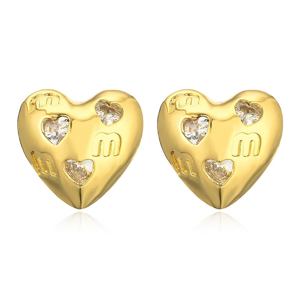Fashionable Heart-Shaped Copper Earrings with Real Gold Plating and Zircon Inlay for Women