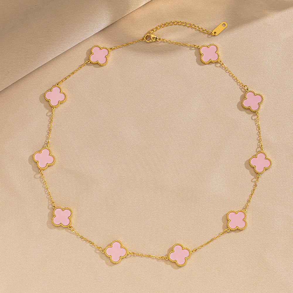 Luxury 18K Gold Plated Titanium Steel Four-Leaf Clover Double-Sided Shell Necklace for Women