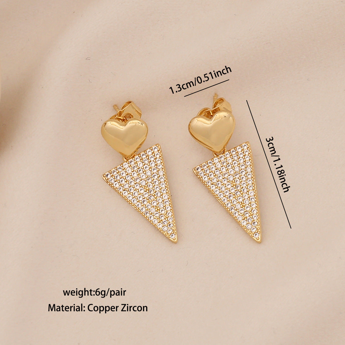 Orecchini a perno da donna in rame con triangoli geometrici e zirconi incastonati, stile chic da ufficio moderno