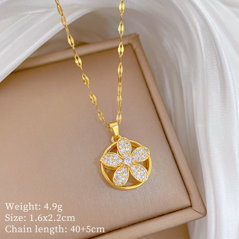 Sweet Elegant Rotating Five-Petal Floral Geometric Rhinestone Pendant Titanium Steel Necklace for Unisex