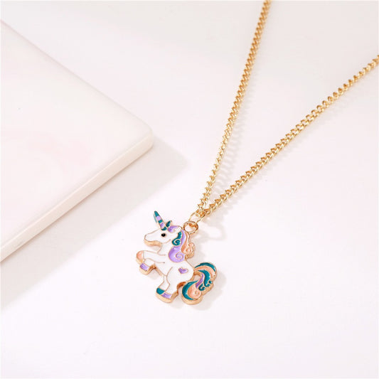 Cartoon Unicorn Pendant Necklace for Girls Alloy Necklace with Enamel Finish Princess Style Children's Jewelry