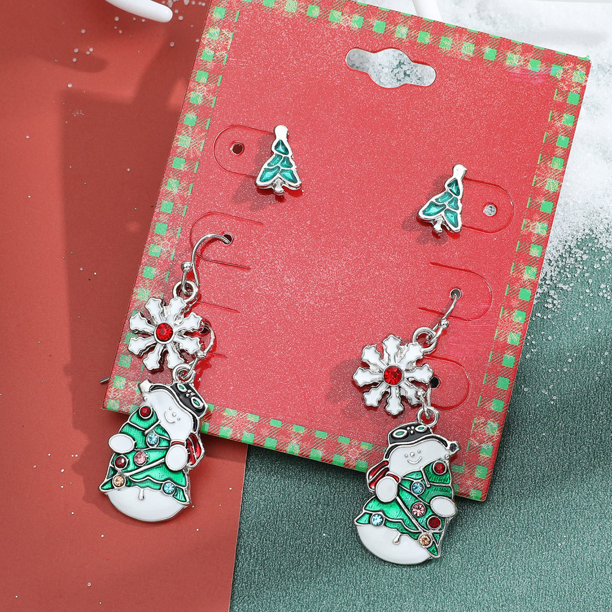 Pendientes de Navidad geométricos estilo Ins para mujer con esmalte de copo de nieve, reno y cascabel.