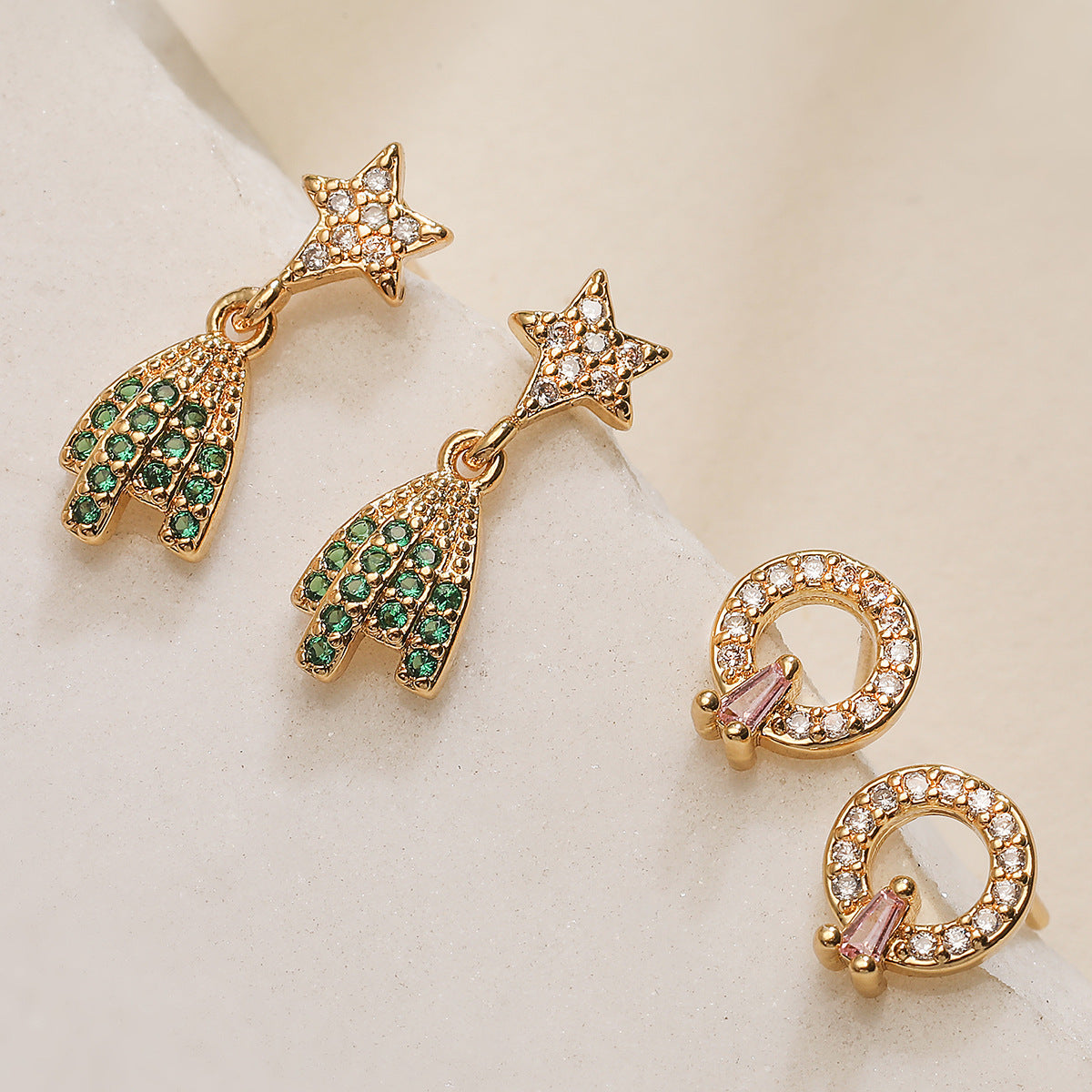 Minimalist Geometric Brass 18K Gold Plated Cubic Zirconia Inlay Stud Earrings for Women