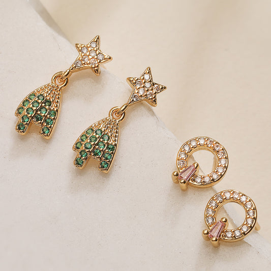 Minimalist Geometric Brass 18K Gold Plated Cubic Zirconia Inlay Stud Earrings for Women