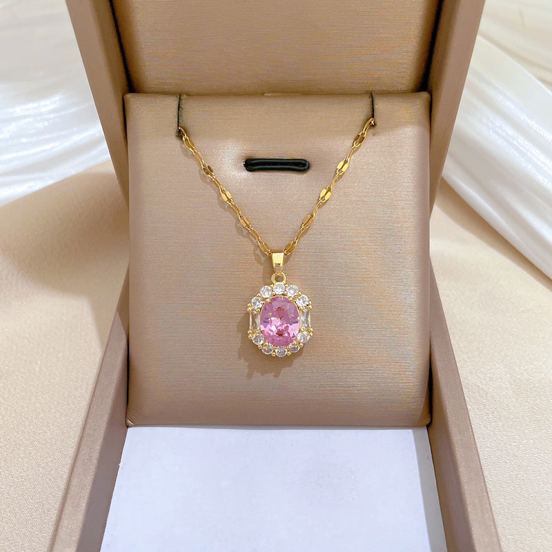 Luxury Geometric Rhinestone Titanium Steel Necklace Earrings Ring Set
