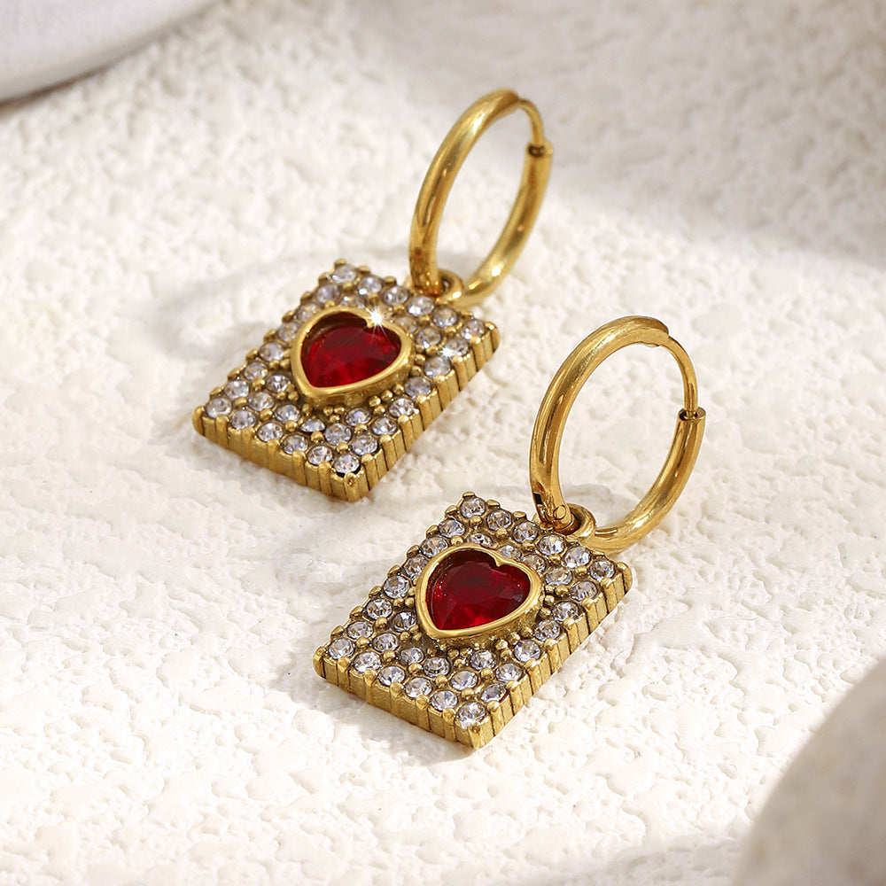 Minimalist Geometric Red Heart Stainless Steel Earrings with 18K Gold Plating and Full Rhinestone Inlay for Women