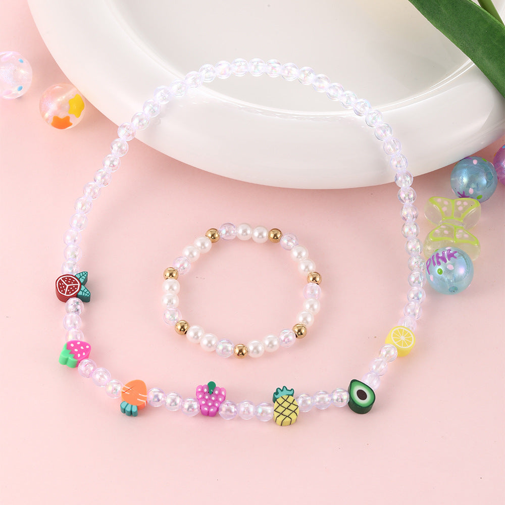 Cartoon Style Fruit-Shaped Resin and Polymer Clay Necklace Set with Beaded Chain for Children