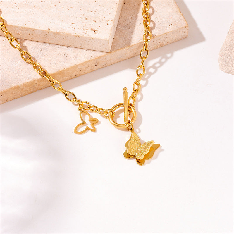 Minimalist Vintage Butterfly Pendant Necklace in Stainless Steel with Gold Plating and Hollow-Out Detail on Standard Chain