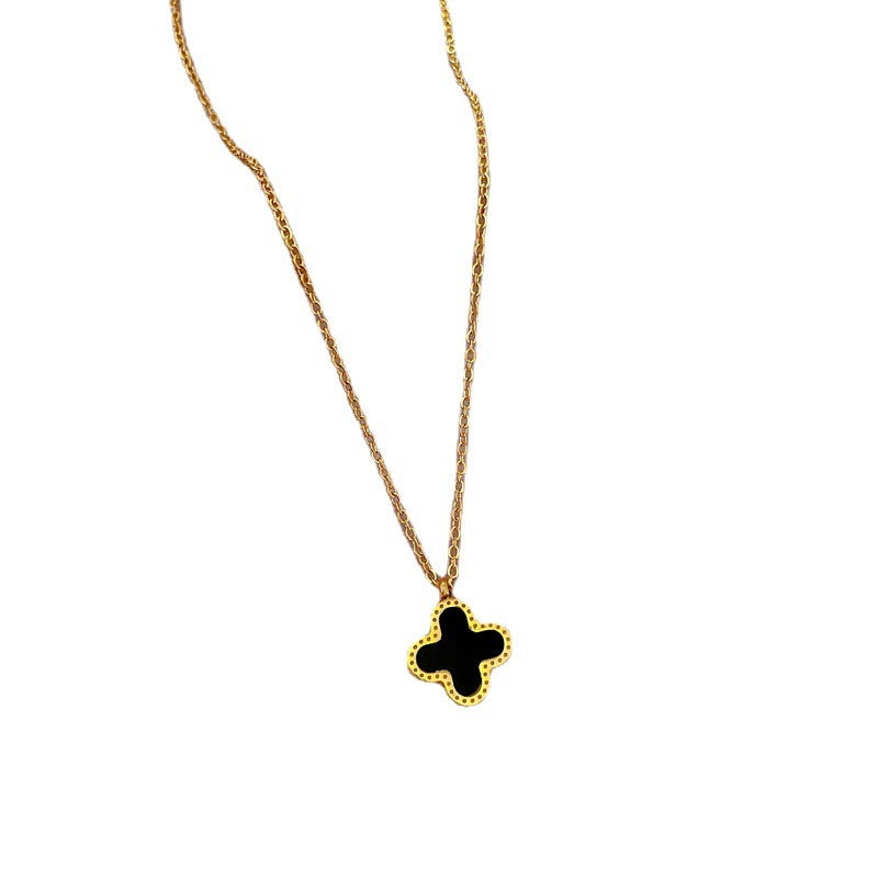Floral Geometric Titanium Steel Collar Chain Necklace for Women with Mother-of-Pearl and Gold Plating