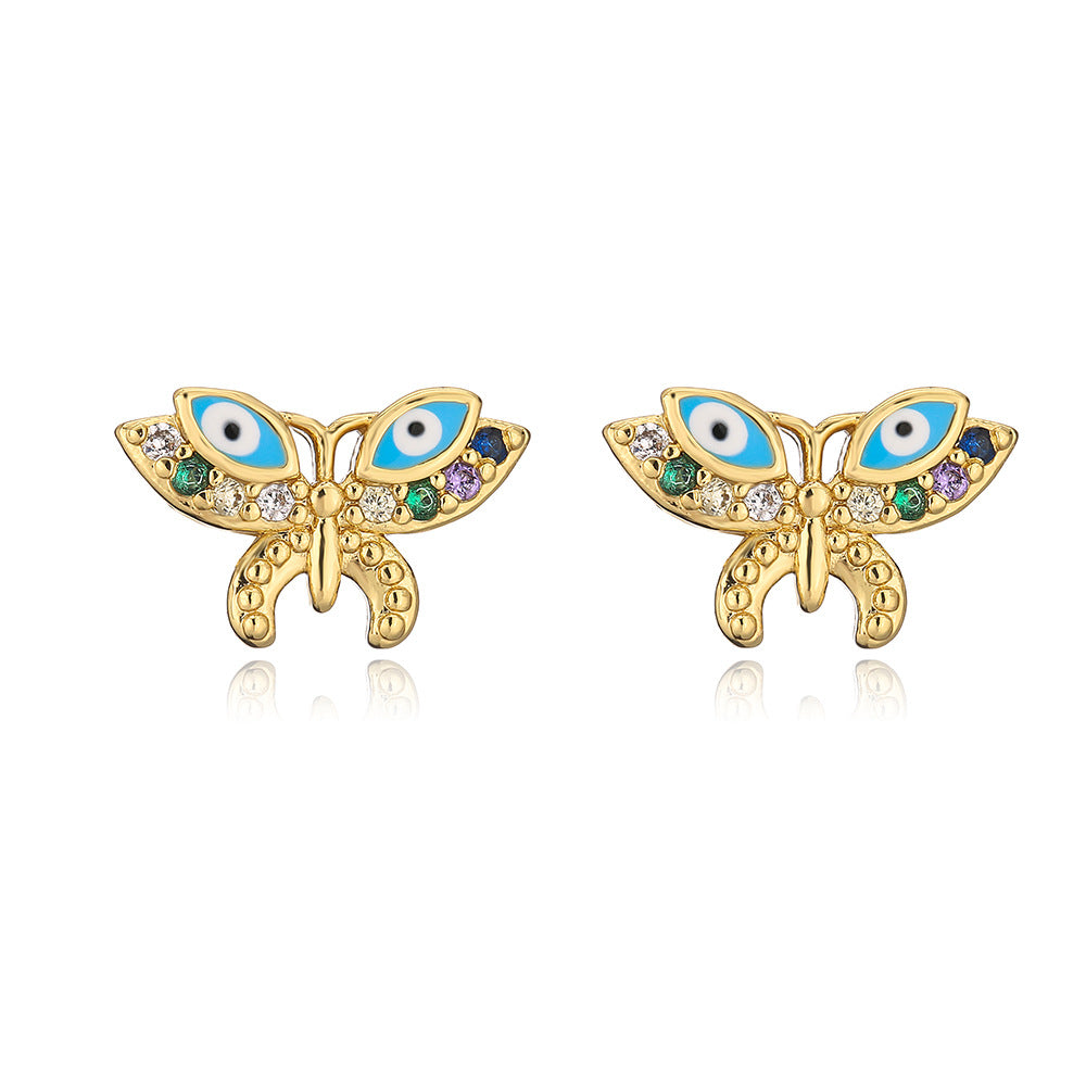 Orecchini a perno con farfalla geometrica alla moda, in rame, micro-pavé di zirconi e smalto, placcati oro 18K per donna