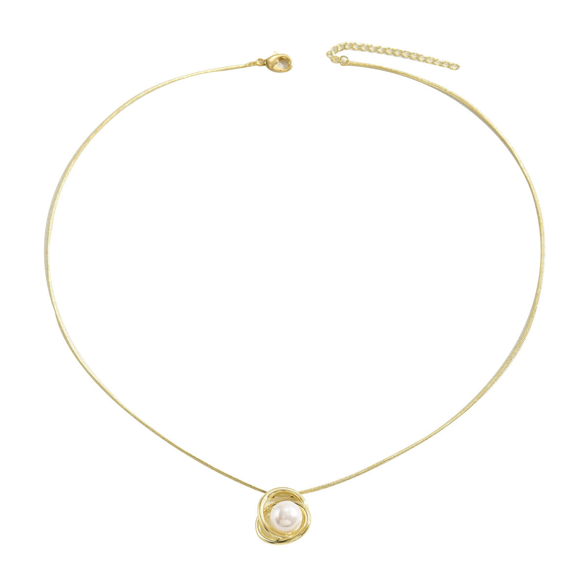 Elegante collar minimalista de cobre con incrustaciones de perlas y diseño geométrico para mujer, con colgante circular entrelazado y delicada cadena de clavícula