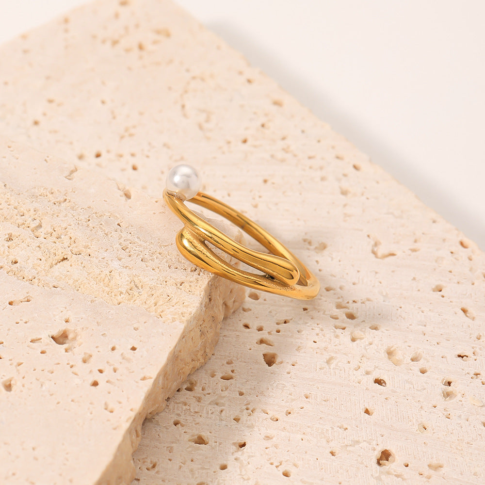 Anello da donna in acciaio inossidabile placcato oro 18 carati con perle d'acqua dolce geometriche irregolari, stile minimalista francese