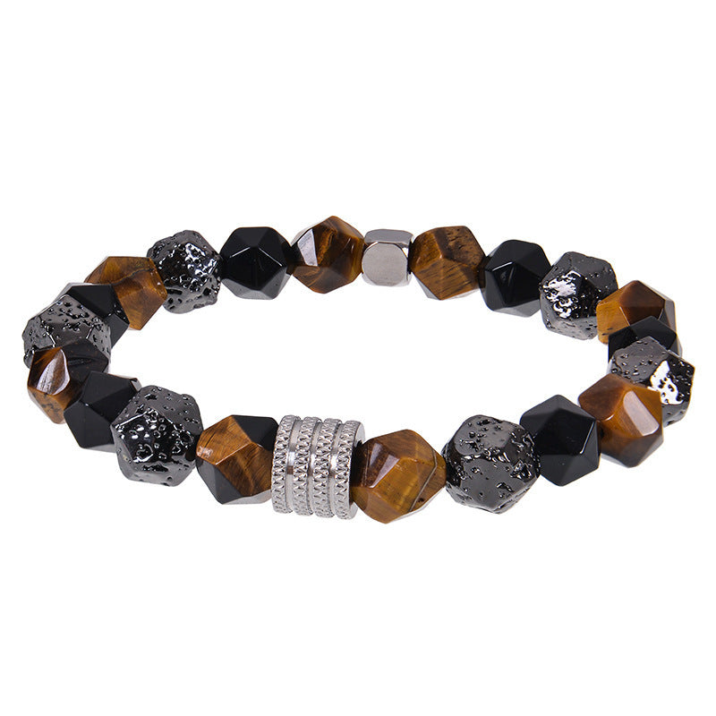 Minimalist Vintage Geometric Round Natural Obsidian Tiger Eye Stainless Steel Bracelet Unisex
