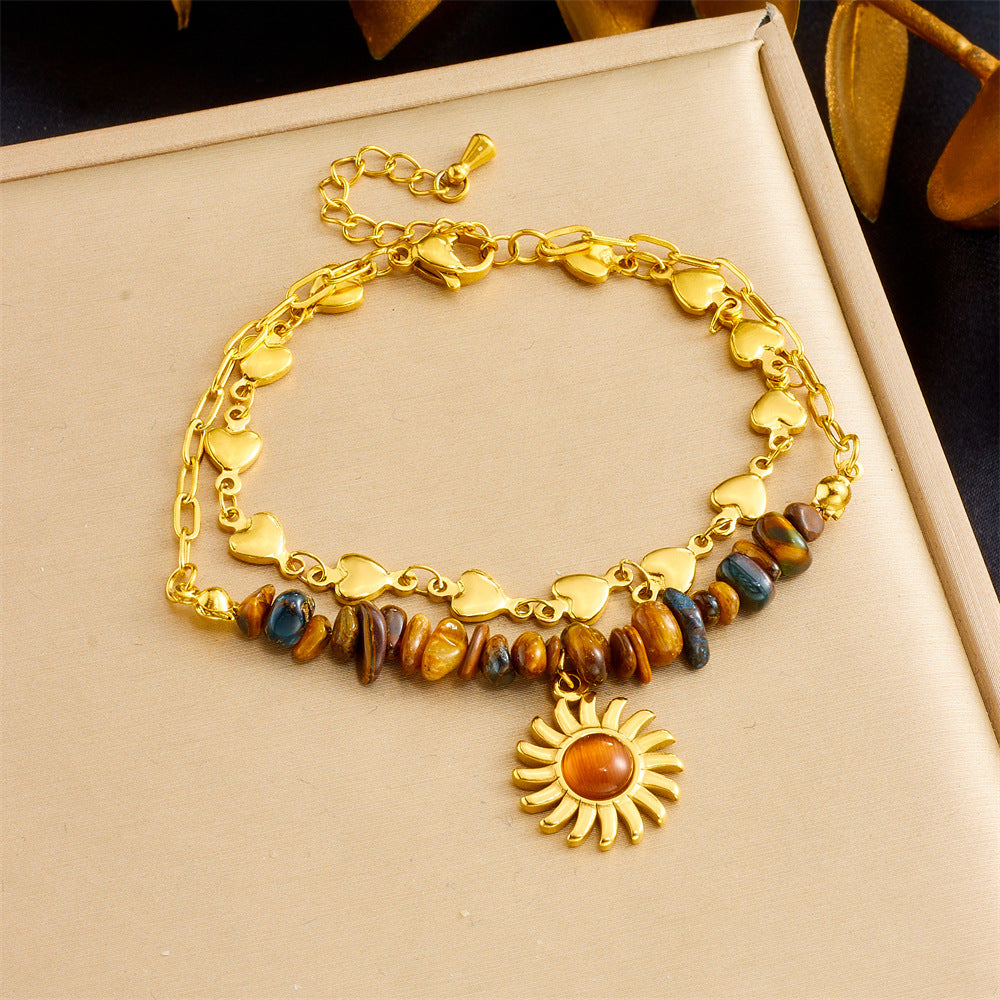 Vintage Heart Sun Stainless Steel Bracelet with Tiger Eye Beads and Double Layer Cable Chain