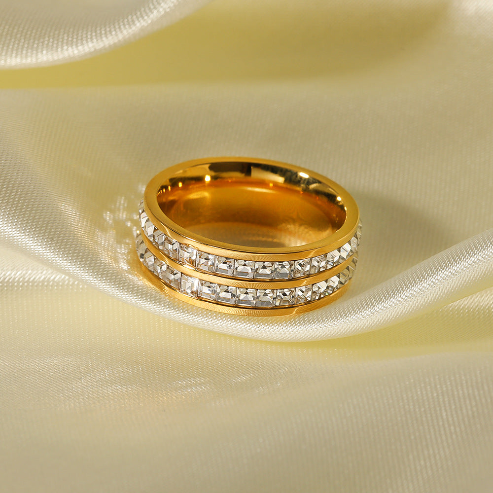 INS Style Geometric Titanium Steel Ring with 18K Vacuum Plated Finish and Double-Layer Round Zirconia Inlay for Women