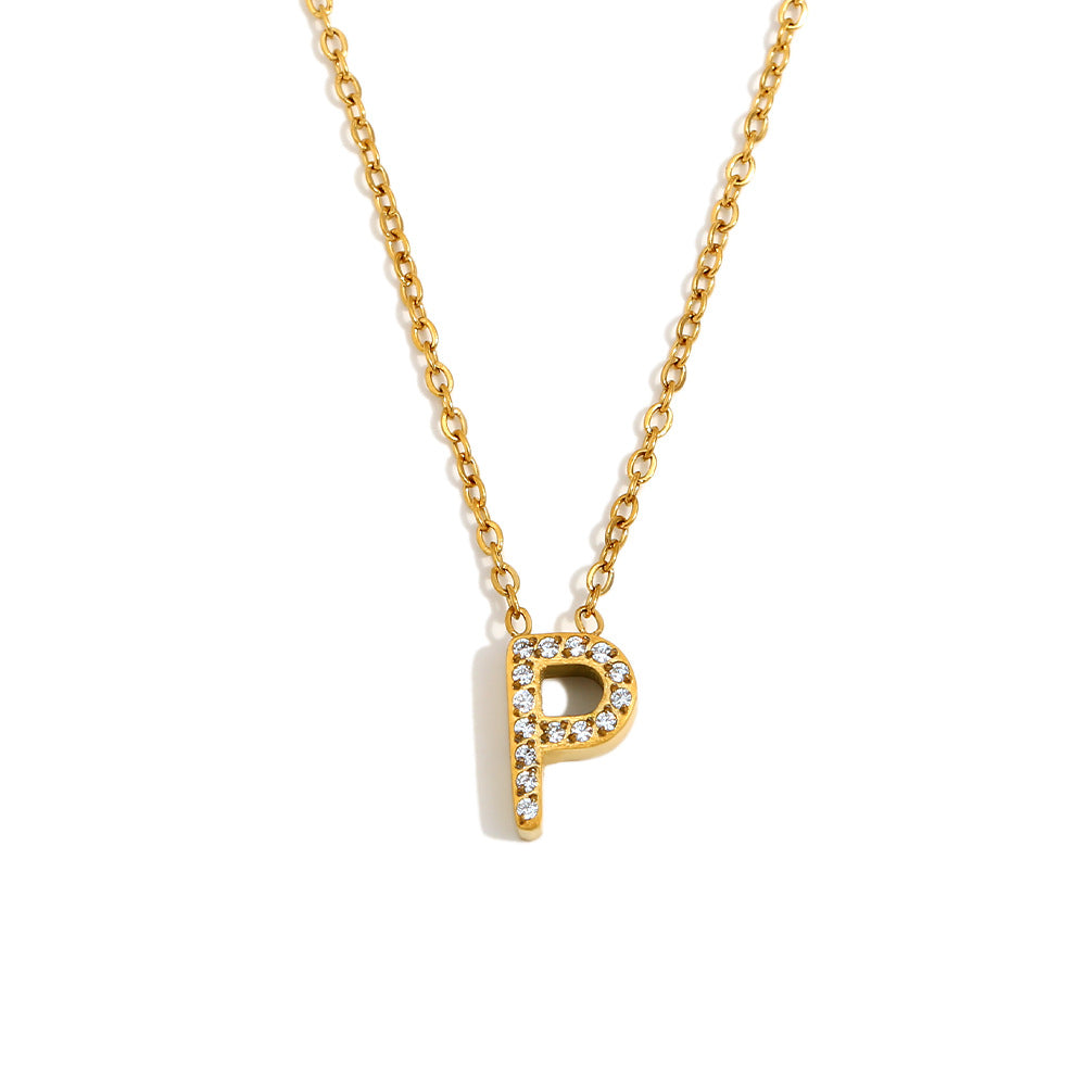 Minimalist Fashion Letter Pendant Necklace for Women Stainless Steel with 18K Gold Plating and Rhinestone Inlay