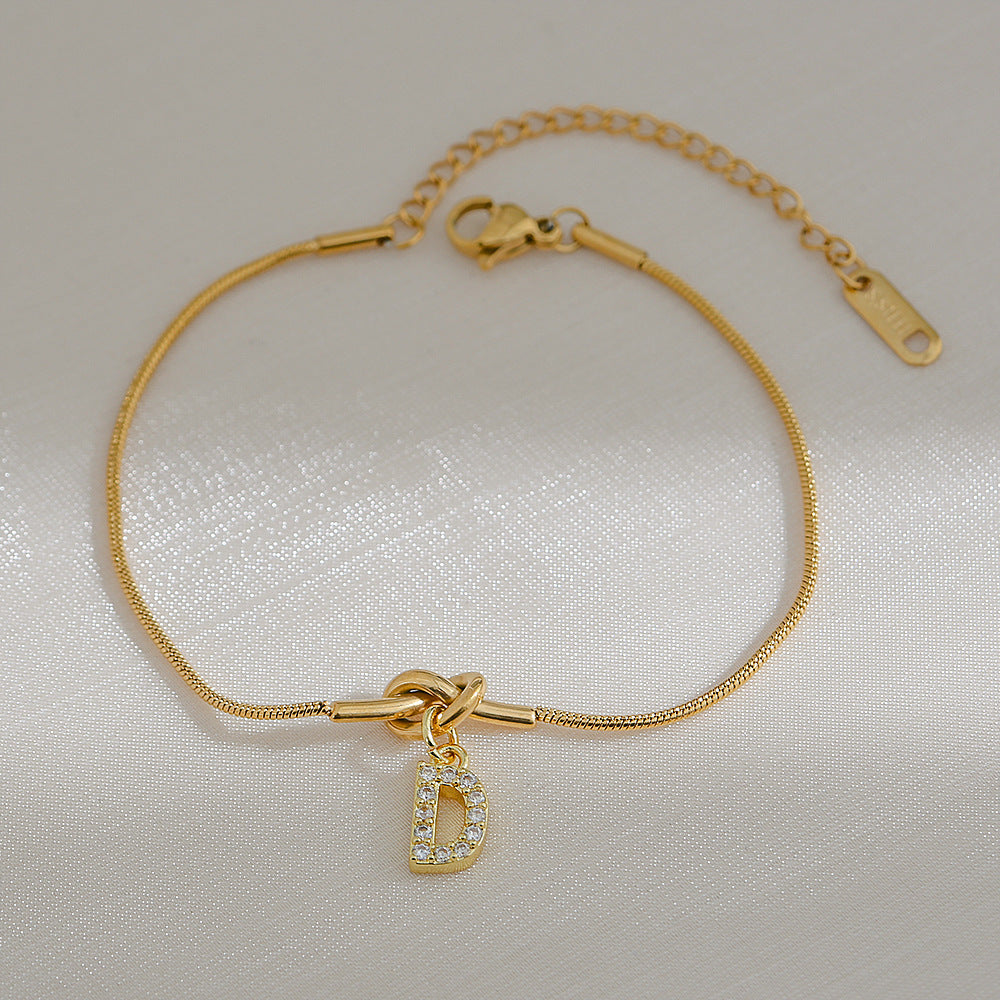 18K Gold Plated Stainless Steel Letter Heart Knot Charm Bar Bracelet for Women