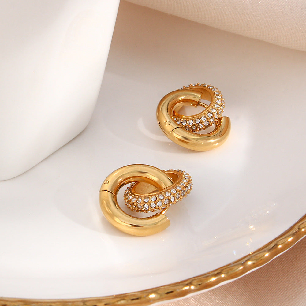 Fashion Geometric Round Hoop Earrings Stainless Steel 18K Gold Plated Cubic Zirconia for Women