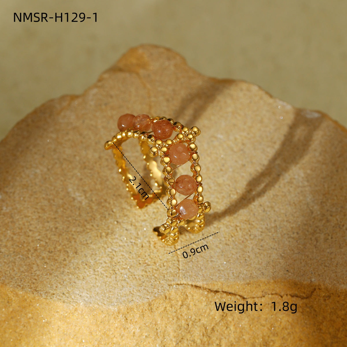 Anillo abierto de acero inoxidable con chapado, estilo francés vintage elegante, con incrustaciones de piedra natural y detalles de perlas