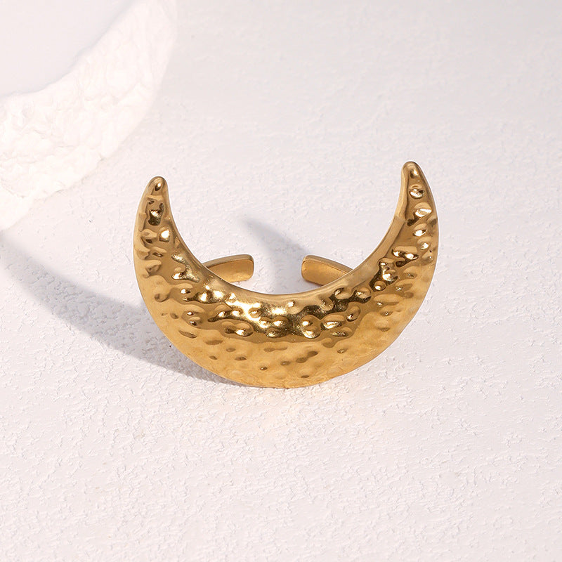 Minimalist Hammered Moon Open Ring 18K Gold Plated Stainless Steel Jewelry for Women