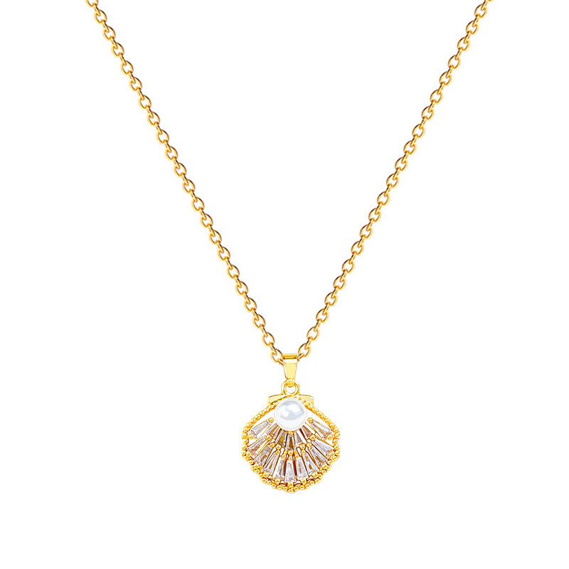 Sweet Minimalist Geometric Moon Titanium Steel Necklace with Brass Pearl and Rhinestone Inlay for Unisex