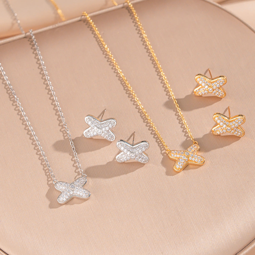Minimalist Cross Pendant Necklace Set for Women Titanium Steel with Rhinestone Inlay and Gold Plating Snake Chain