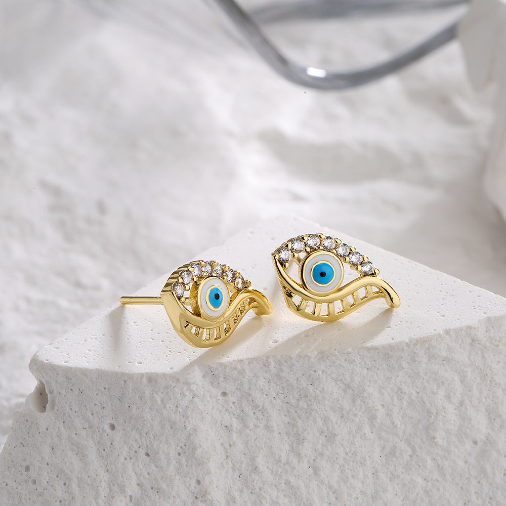 Geometric Eye-Shaped Enamel Zirconia Earrings for Women in Copper with 18K Gold Plating