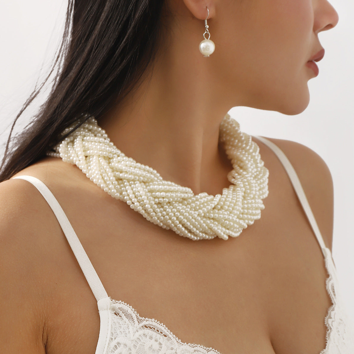 Set Collana con Perle Stile Vintage Francese con Orecchini per Donne Gioielli Fatti a Mano con Perle Acriliche