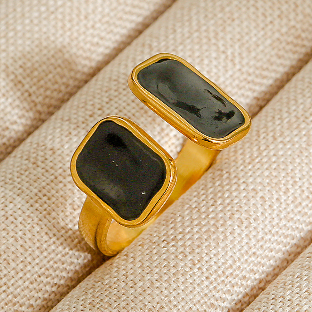 Vintage INS Style Stainless Steel Adjustable Ring with Natural Stone Inlay in Geometric Heart Zodiac and Animal Shapes