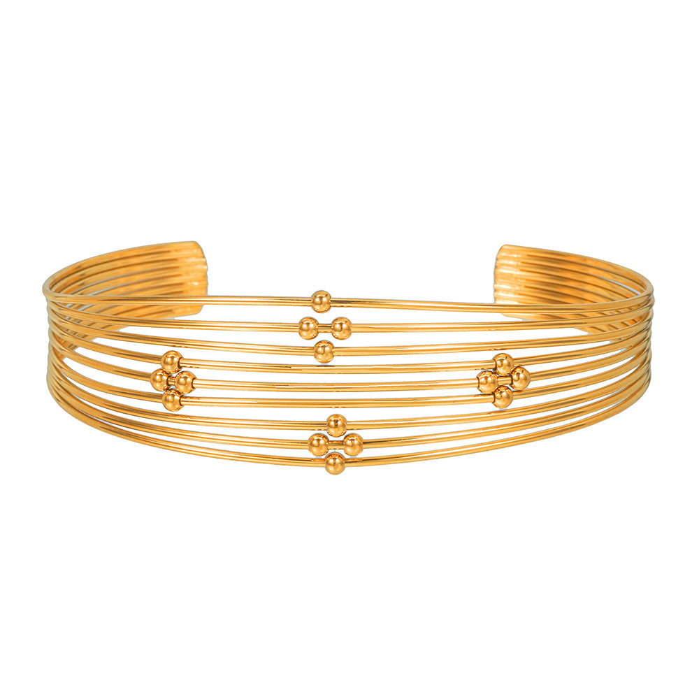 Geometric Round Plated Stainless Steel Multi-Layer Beaded Open Cuff Bracelet