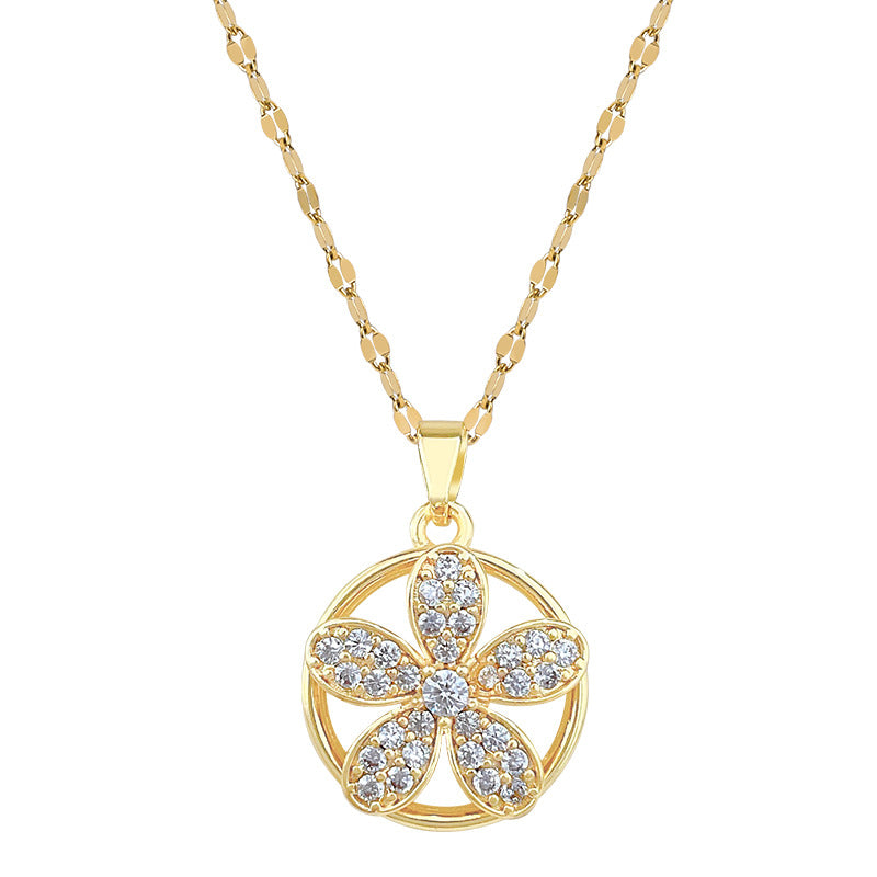 Sweet Elegant Rotating Five-Petal Floral Geometric Rhinestone Pendant Titanium Steel Necklace for Unisex