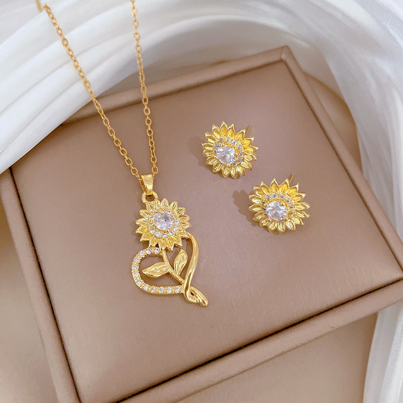 Elegant Titanium Steel Floral Pendant Necklace and Earrings Set with Rhinestone Inlay for Women
