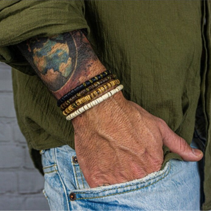 Vintage Hip-hop Round Wood Bead Bracelet with Alloy Accents for Unisex