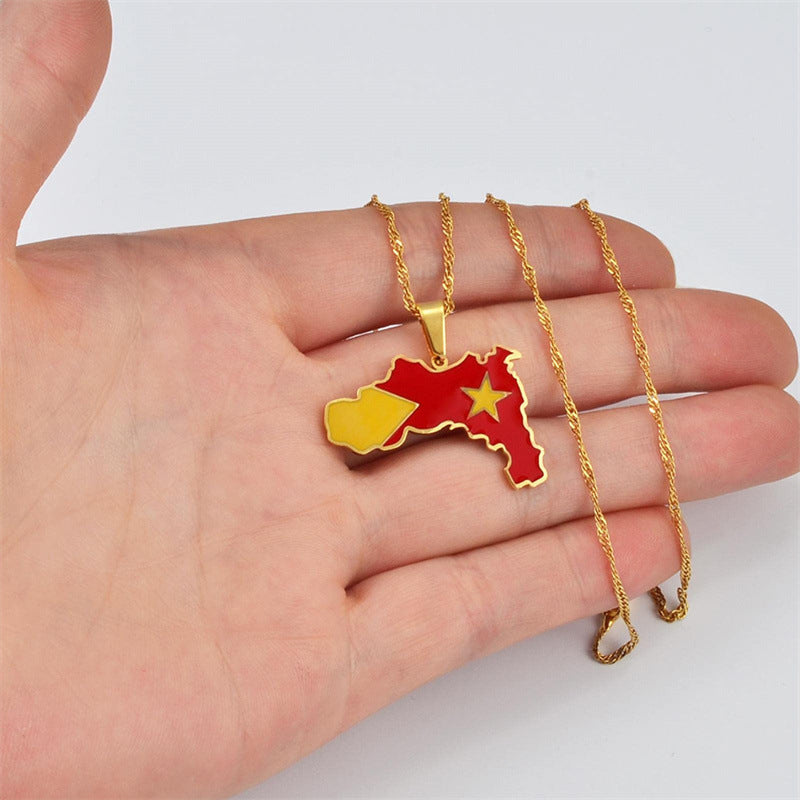 Minimalist Geometric Ethiopian Tigray Region Map Pendant Necklace for Women in Stainless Steel with Plated Titanium Steel and O-Chain