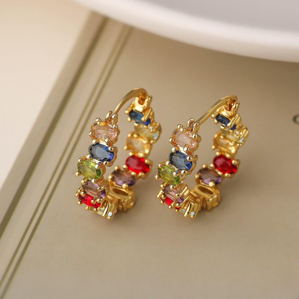 Minimalist Geometric Hoop Earrings for Women with Plated Copper and Colorful Zirconia