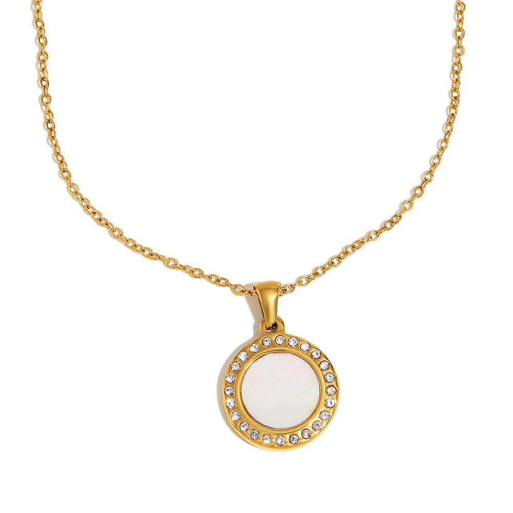 Elegant Geometric Stainless Steel 18K Gold Plated Shell Pendant Necklace with Rhinestones for Women