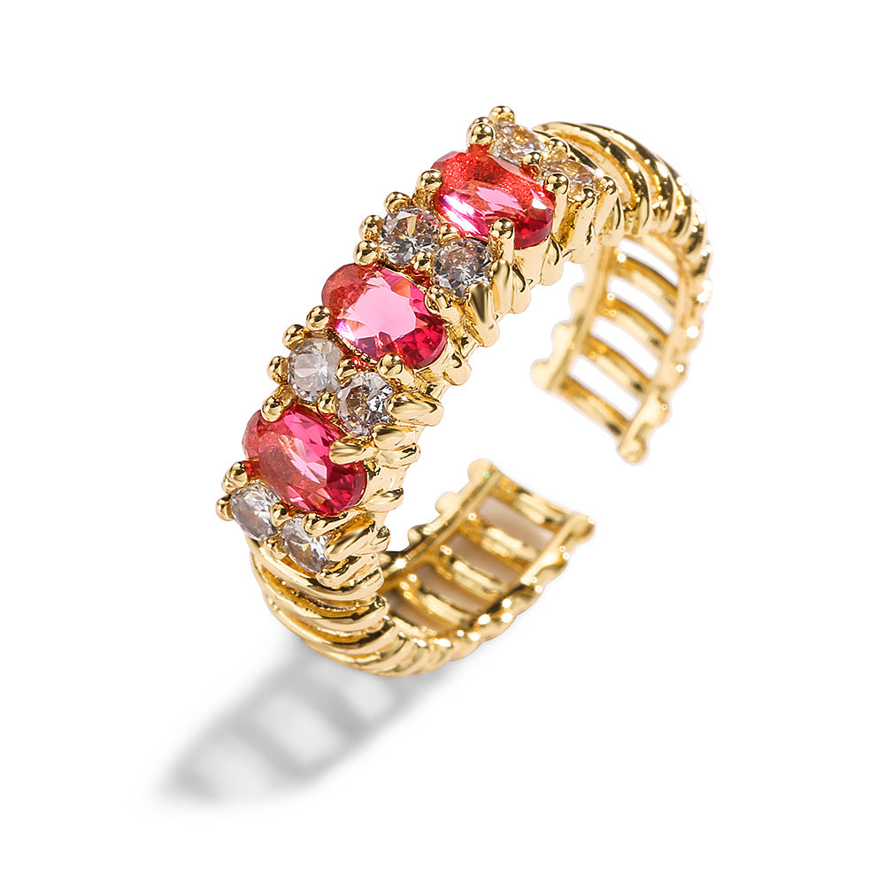 Geometric Open Ring for Women in Copper with 18K Gold Plating and Zircon Inlay, Minimalist Luxury Fashion Accessory