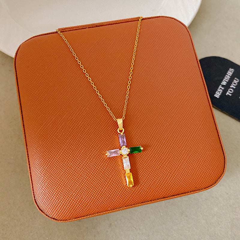 Sporty Sweet 18K Gold Plated Cross Titanium Steel Necklace with Cubic Zirconia for Women