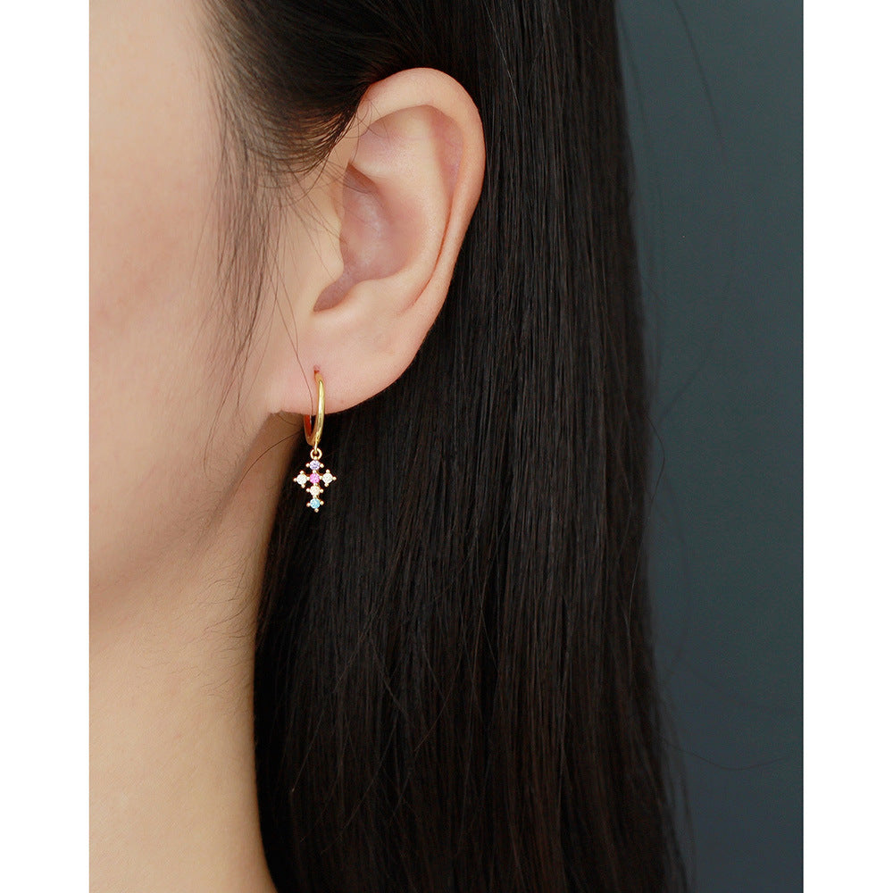 Sweet Luxury 925 Sterling Silver Gold Plated Cross Cubic Zirconia Inlay Earrings for Women