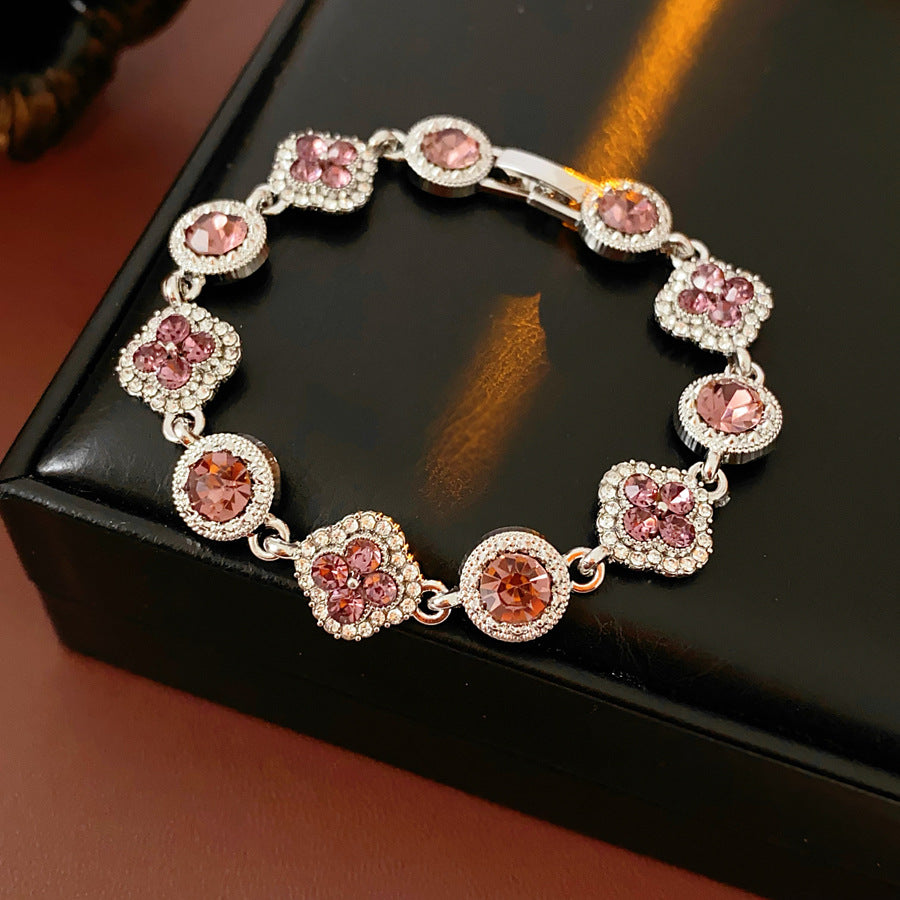 Vintage Floral Rhinestone Inlay Brass Bracelet for Women
