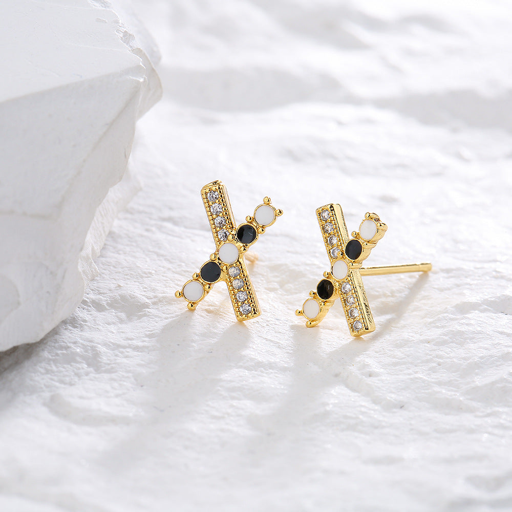 Minimalist Geometric Copper Earrings with 18K Gold Plating and Enamel Finish, Zircon Inlay, Women's Elegant Stud Earrings