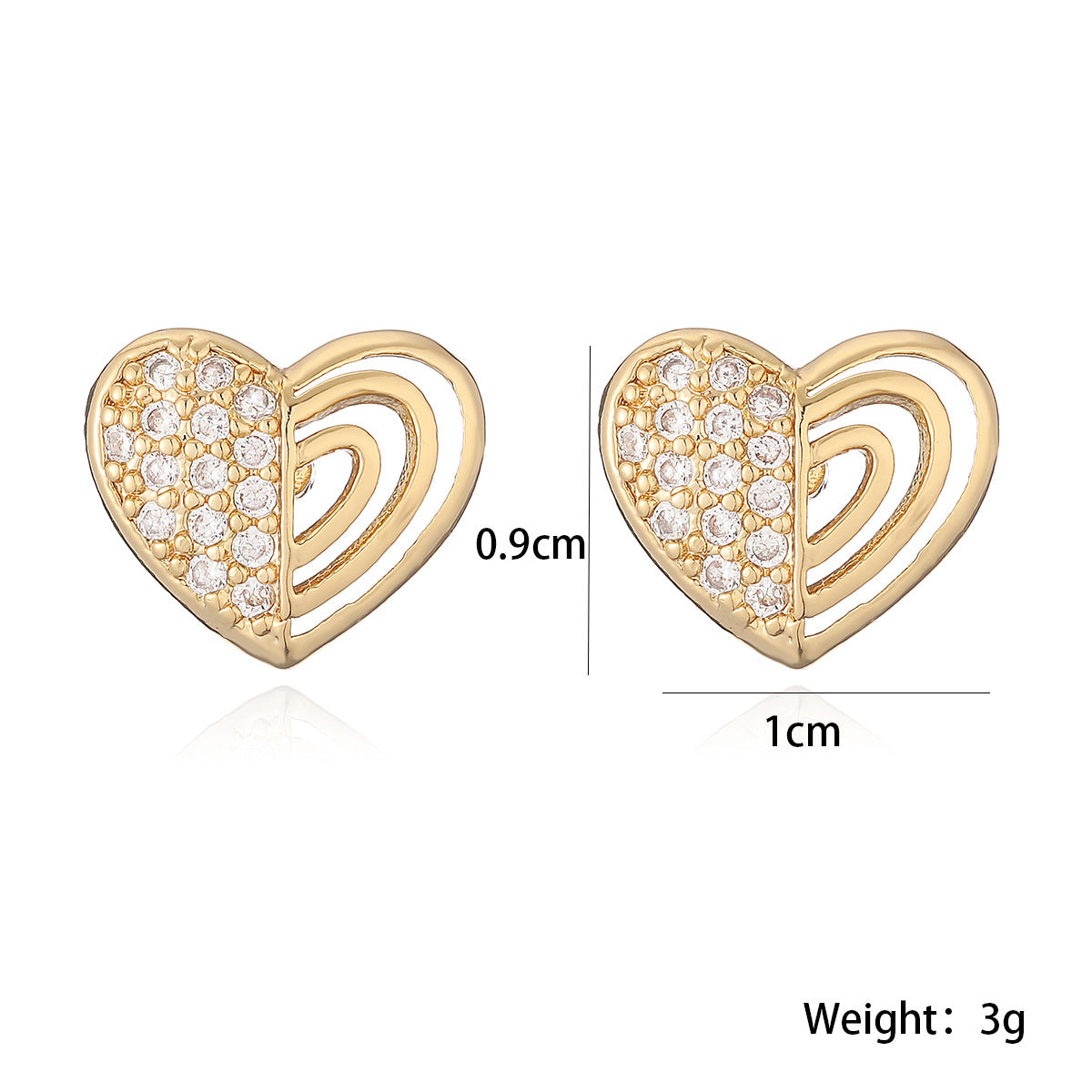 Orecchini a Cuore Minimalisti in Rame con Placcatura in Oro Vero e Intarsio di Zirconi da Donna