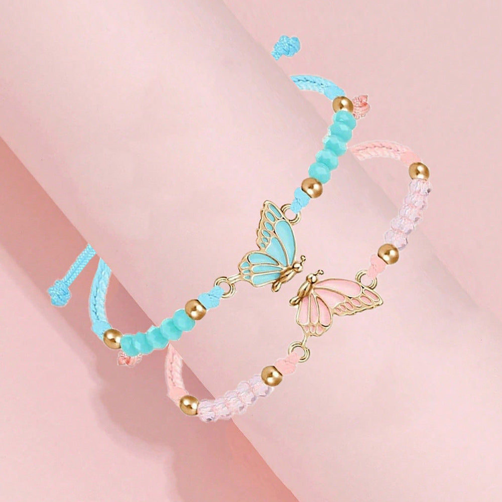 Set Braccialetto Farfalla Cartone Animato per Bambini in Lega Color Oro con Perline a Rombo Sfaccettate e Design Intrecciato a Mano